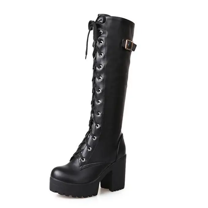 Platform Chunky-Heel Lace-Up Tall Boots