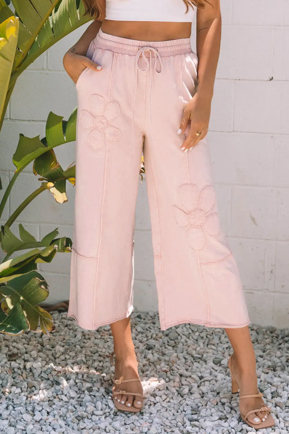 Classic Flower Patch Washed Terry Knit Cropped Wide Leg Trousers