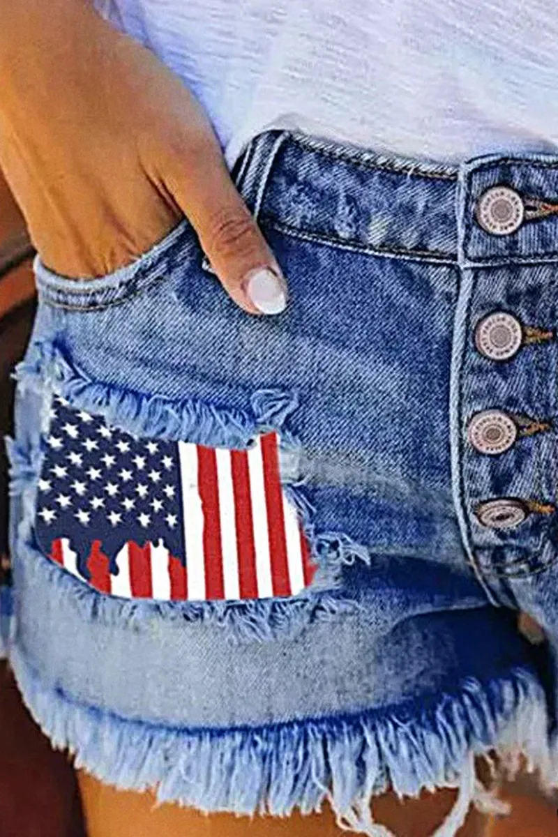 American Flag Pattern Button Fly Raw Hem Denim Shorts