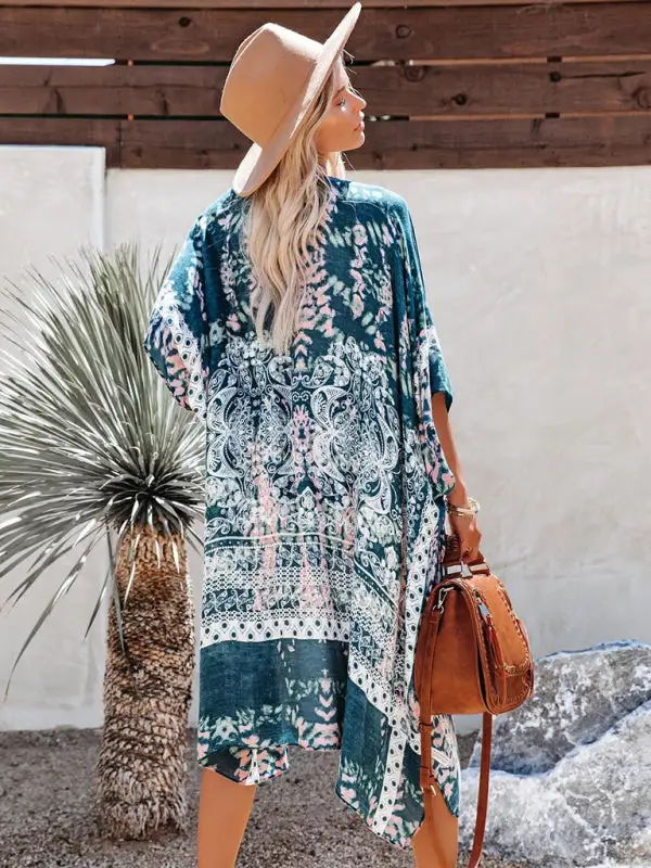 Mid Length Slit Chiffon Printed Sunscreen Swimsuit
