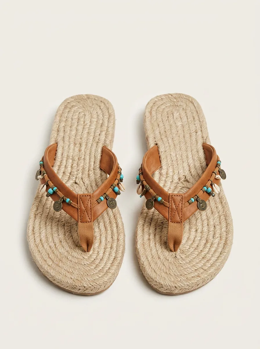 Women's Boho Beach Lover Shell Bead Embellished Jute Flip Flops