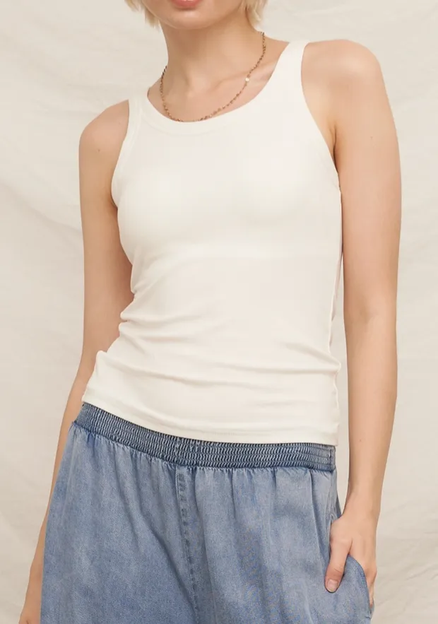 White Ribbed Scoop Neck Built-In Bra Tank