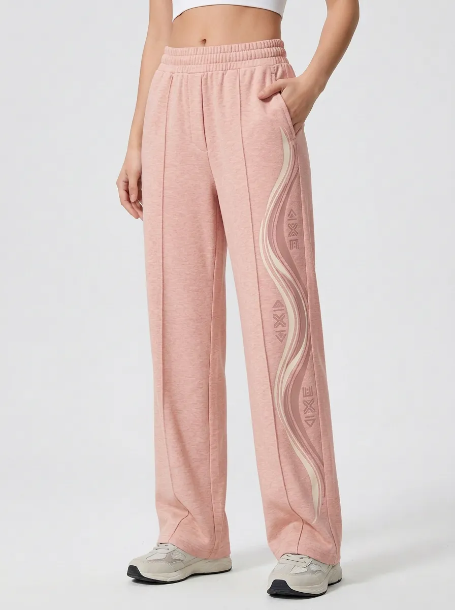 Women's Beige Abstract Wave Print Wide-Leg Sweatpants