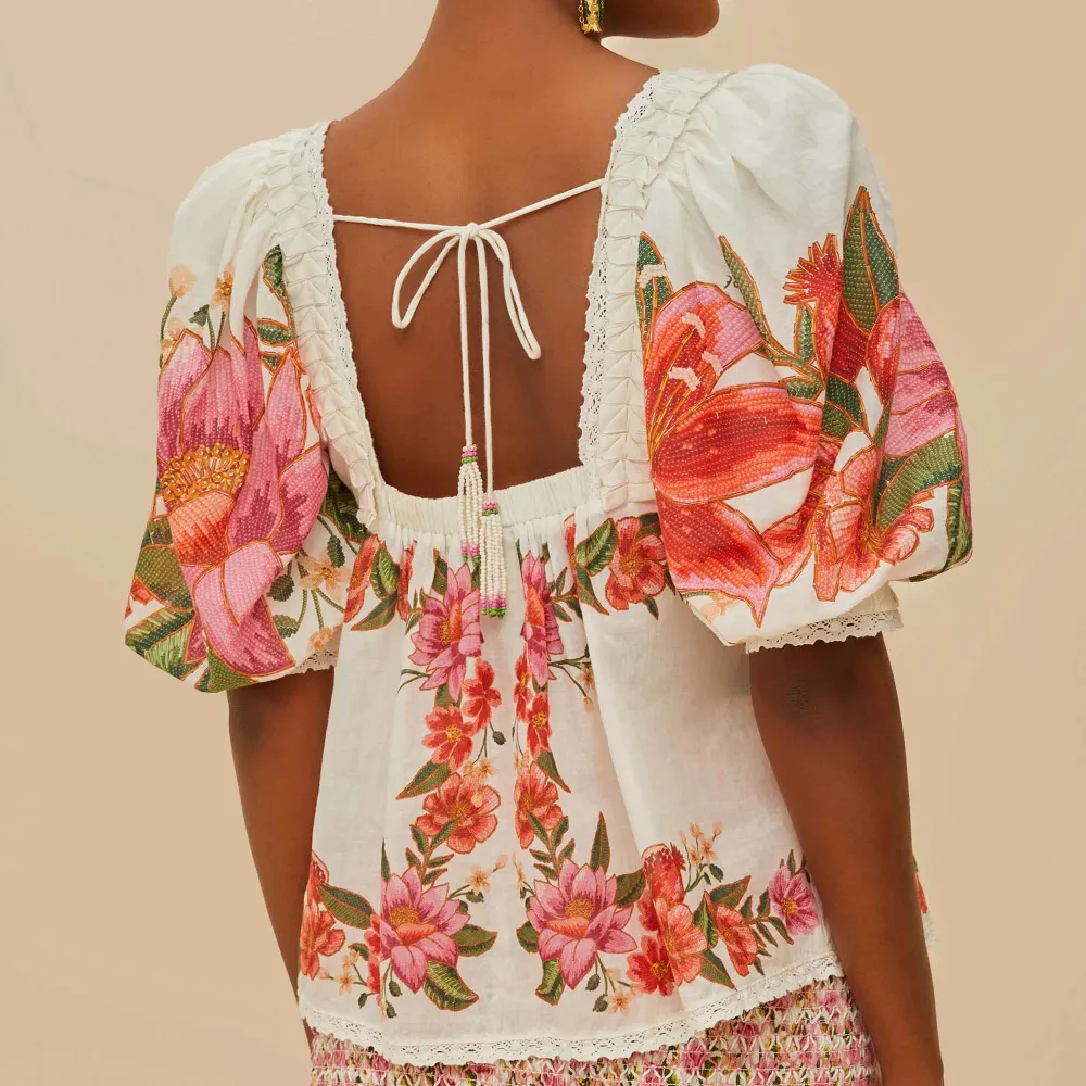 Linen Lace-Trim Floral Short-Sleeve Blouse