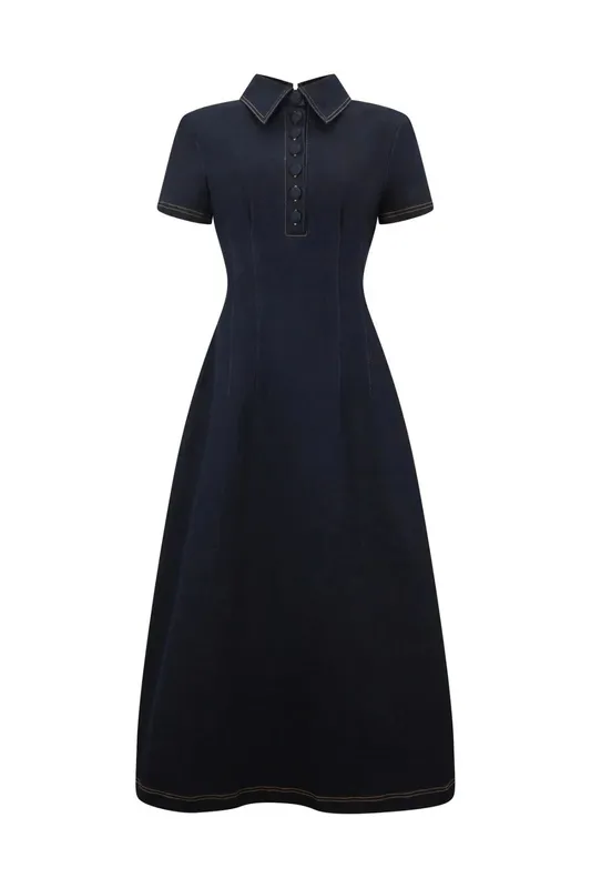 Dark Blue Denim Collared Midi Dress