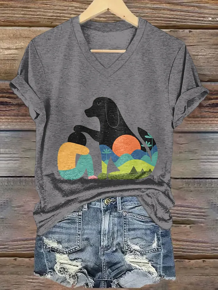 Woman's Puppies And People V-Neck And Short Sleeves T-Shirt