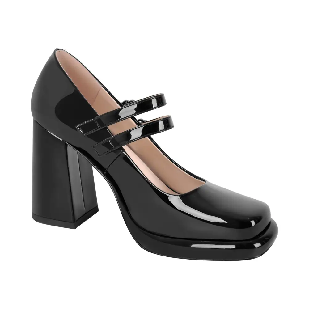 Patent Finish Square Toe Low Platform Chunky Heel Buckle Strap Pumps