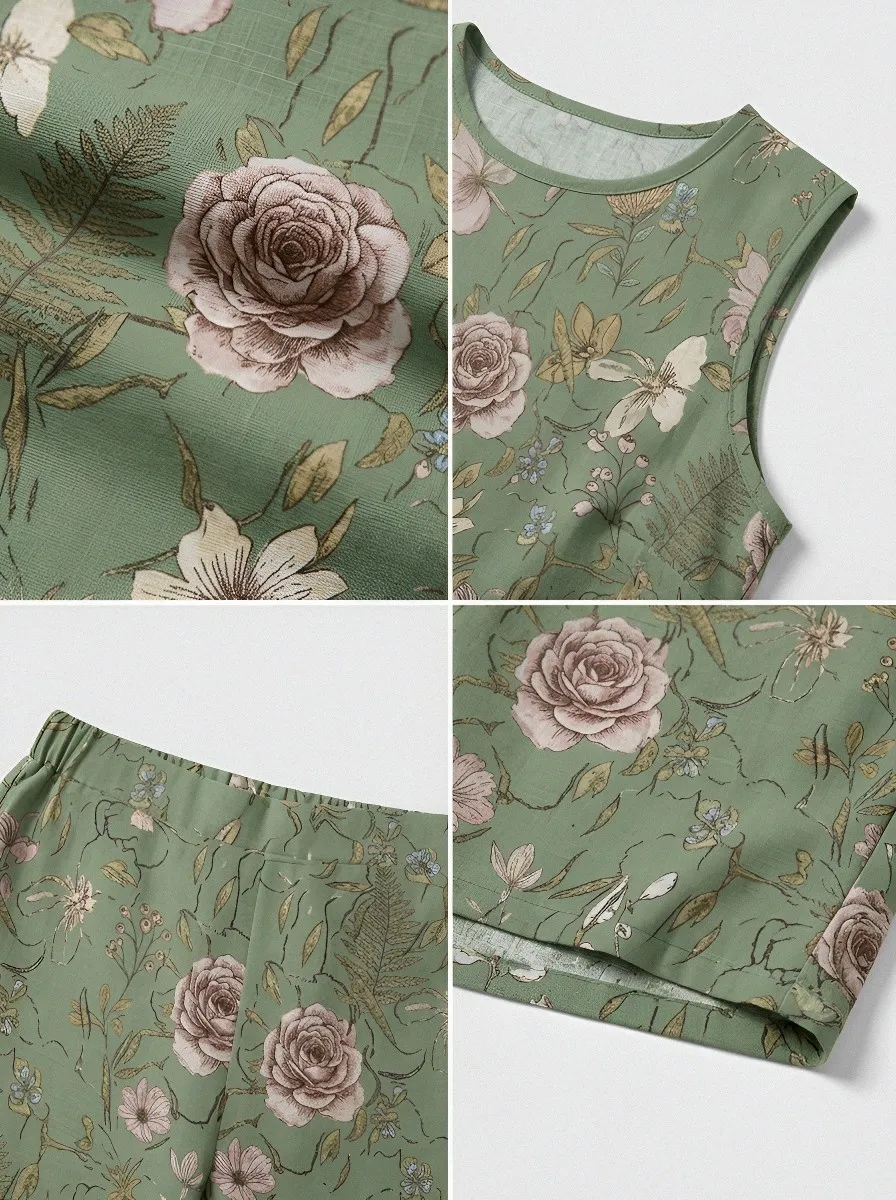 Women's Vintage Floral Botanical Printed Sleeveless Short Set