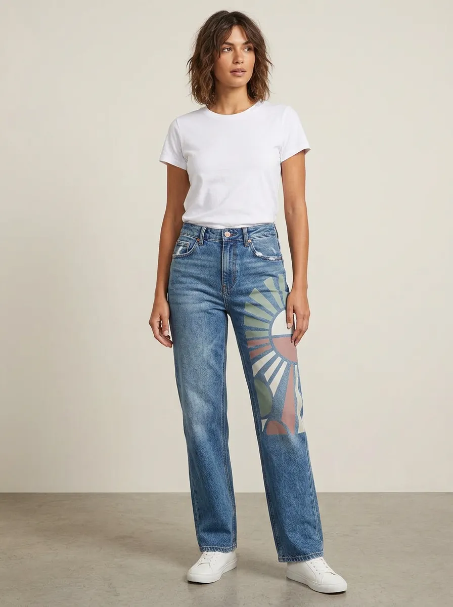 Women's Boho Sun Graphic Printed Straight Leg Jeans