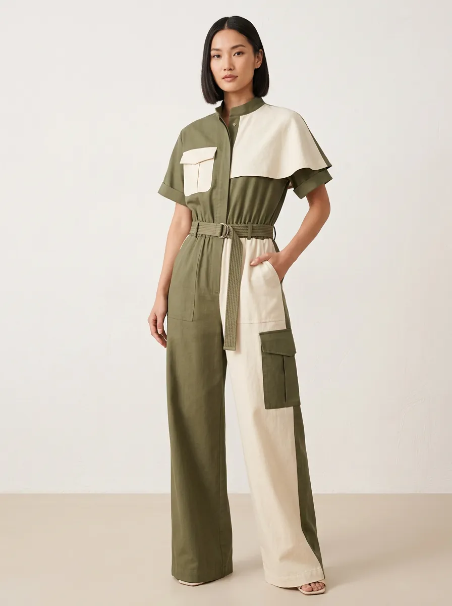 Women's Utility Patchwork Colorblock Belted Jumpsuit