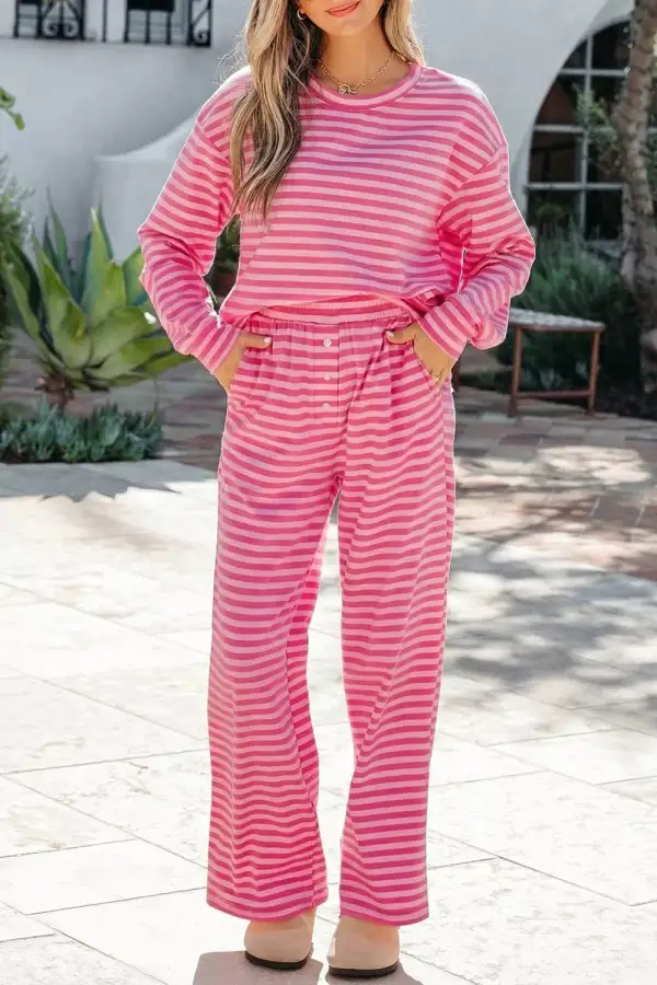 Stripe Drop Shoulder Round Neck Top and Buttoned Straight