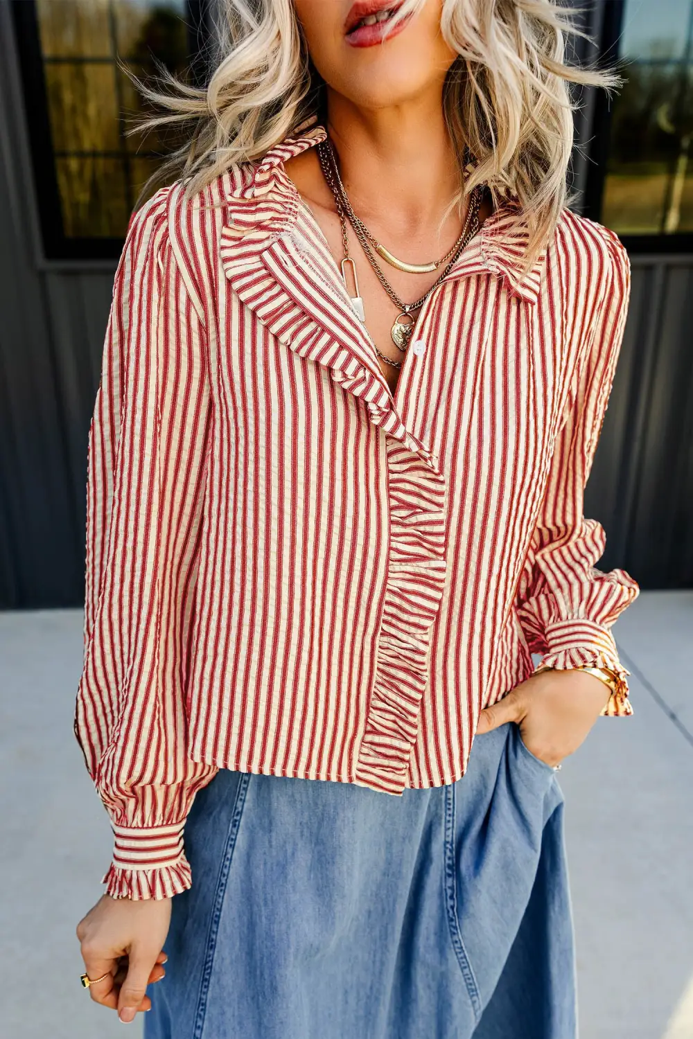 Women's Striped Textured Long Sleeve Blouse