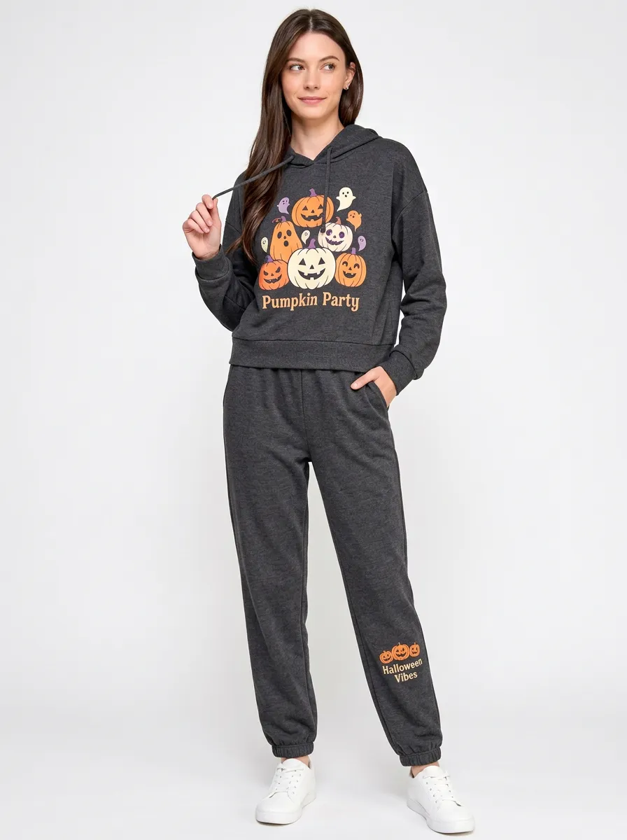 Women's Halloween Pumpkin Party Ghost Printed Jogger Set