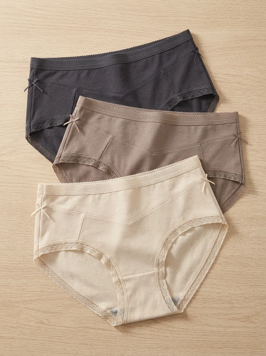 Women's Lace Trim Bowknot Neutral Tone Cotton Panties Set