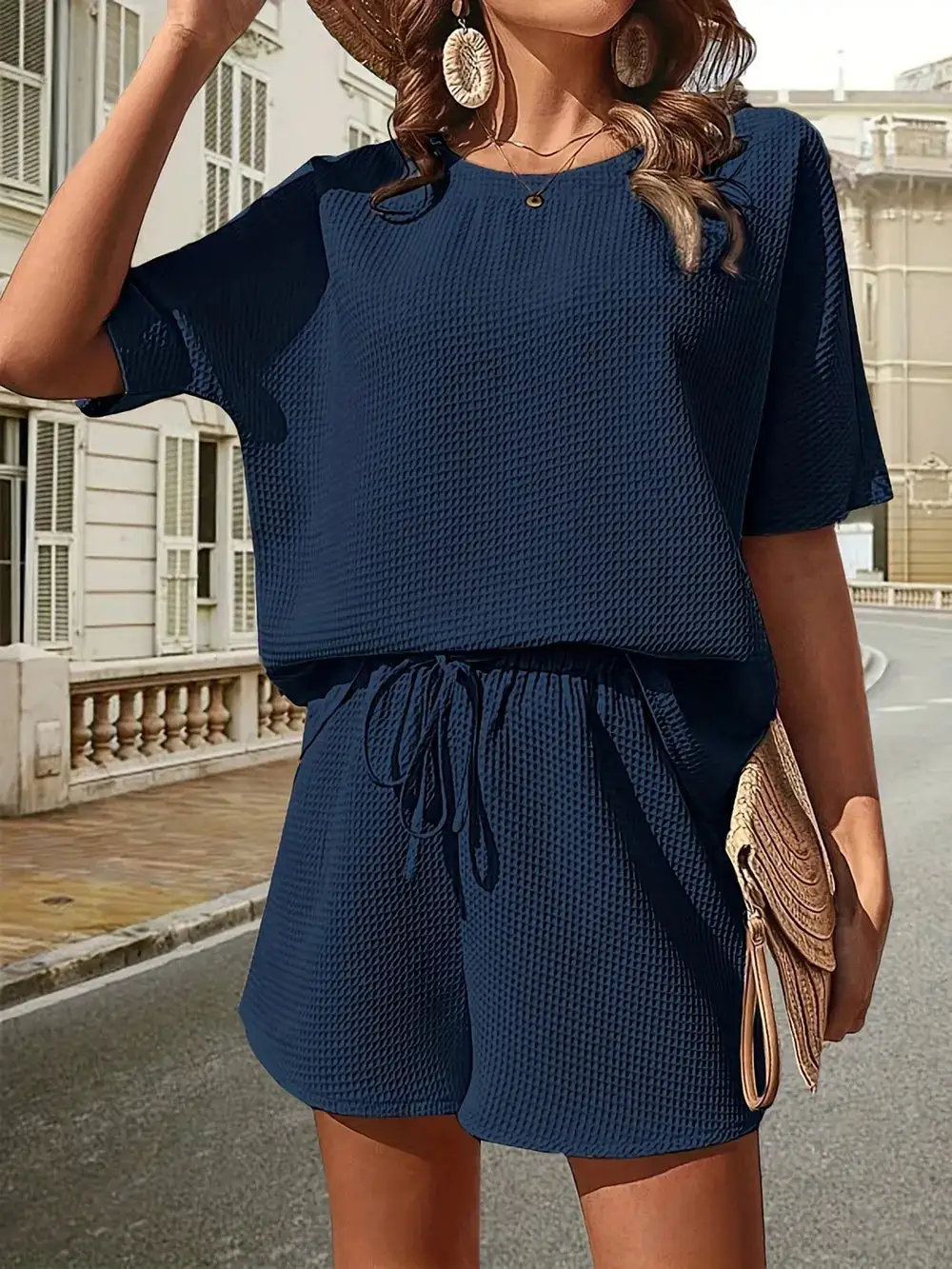 Waffle Knit Half Sleeve Top and Shorts Set