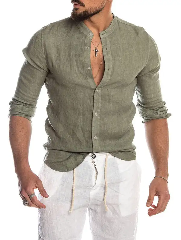 Streamlined Linen Mandarin Collar Shirt