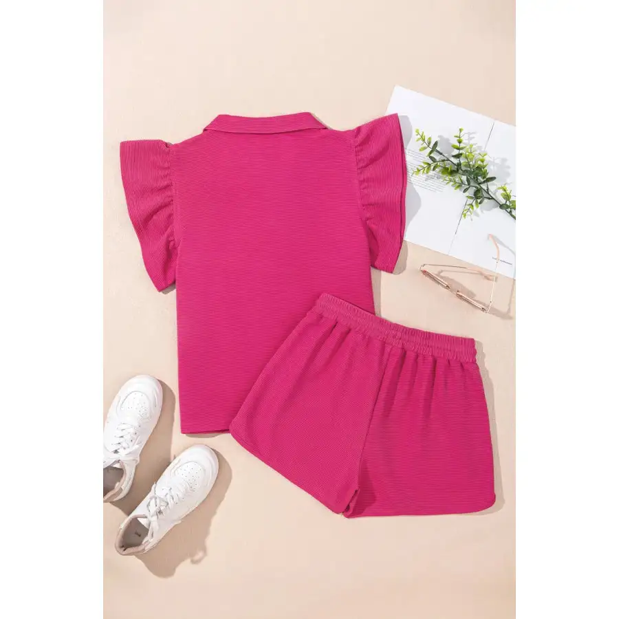 Striped Detail Flutter Sleeve Zipped Collar Top and Short Set