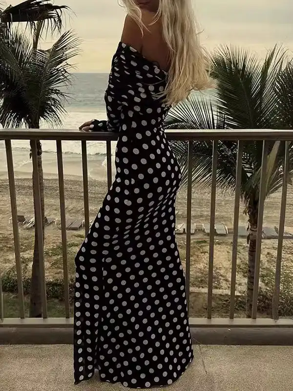 Sleeves Pleated Polka Dot Long Maxi Dress