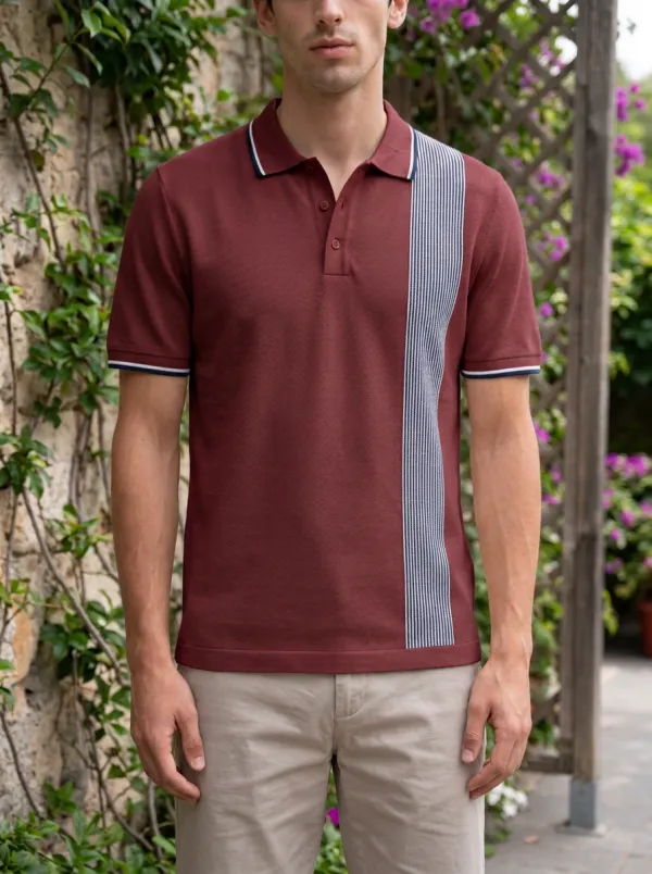 Men's Beige Vertical Striped Panel Printed Polo Shirt