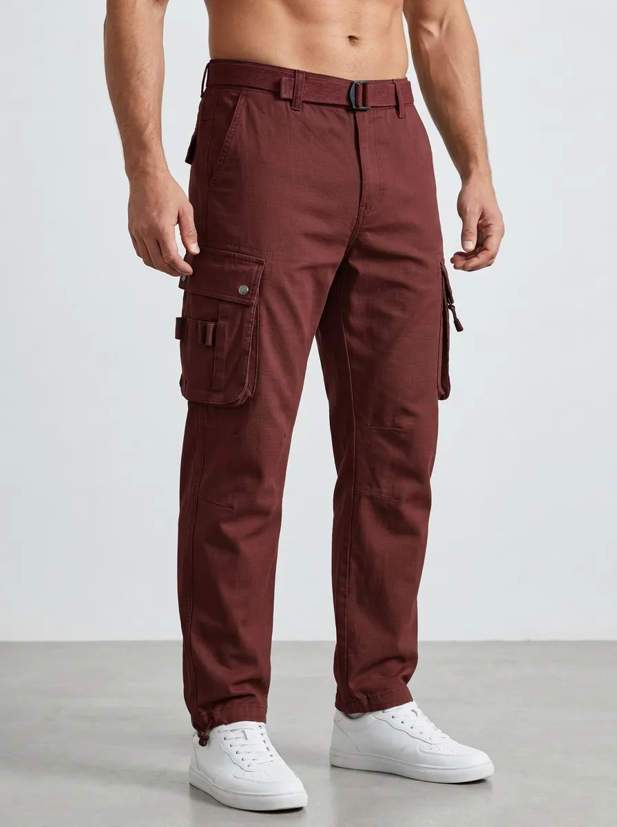 Men's Tactical Outdoor Olive Green Multi-Pocket Integrated Webbing Belt Cargo Pants