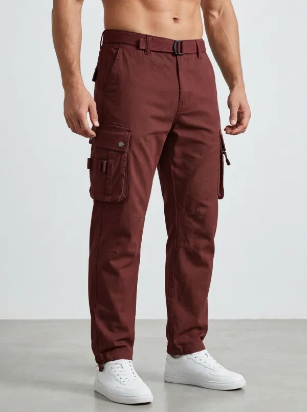 Men's Tactical Outdoor Olive Green Multi-Pocket Integrated Webbing Belt Cargo Pants