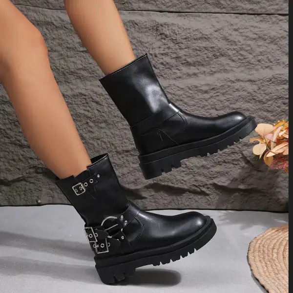 Knit Round Toe Block Heels Boots