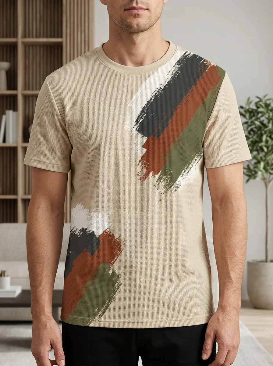 Men's Abstract Brushstroke Pattern Waffle Knit Signature Crew Neck T-Shirt