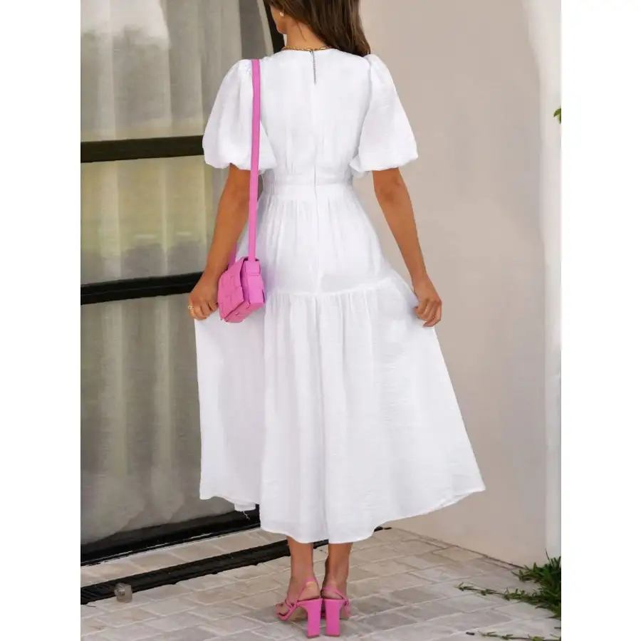 Neck V-Neck Puff Sleeve Midi Dress