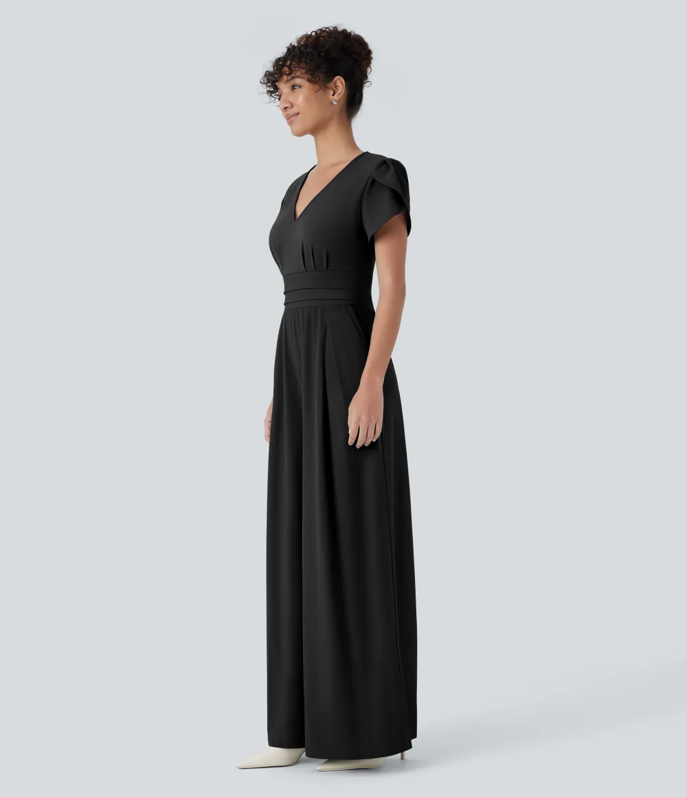 Breezeful V Neck Petal Sleeve Pocket Wide Leg Flowy Quick Dry Work Jumpsuit