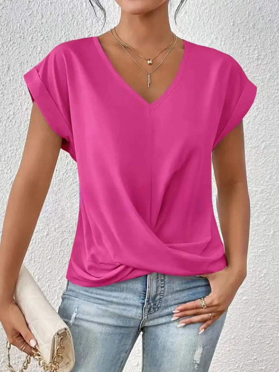 Relaxed Short Sleeve Pleat Detail V-Neck T-Shirt