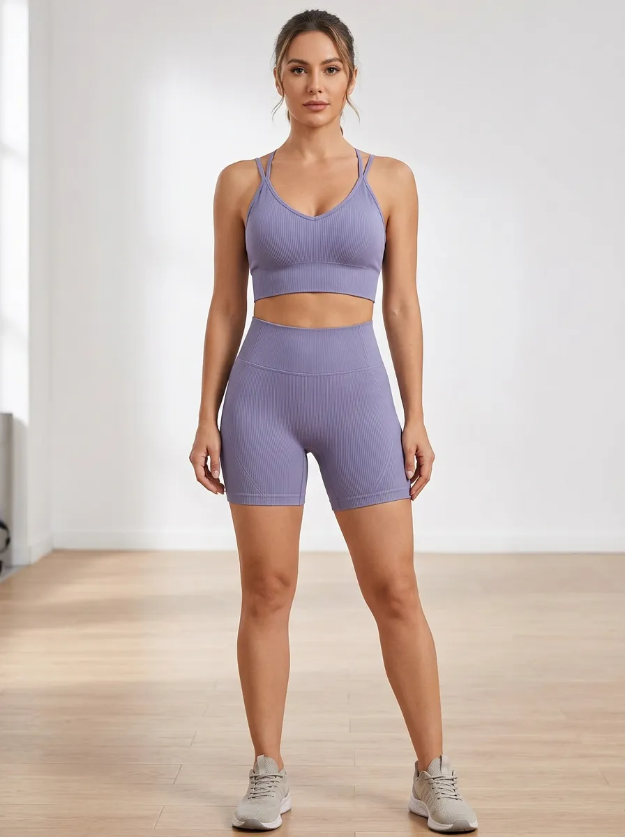Athletic Ribbed Texture Seamless Design Training Look Women's Tank Top And Sports Shorts Set