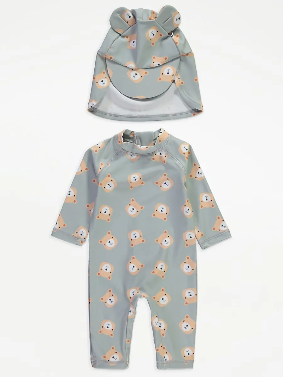 Green Teddy Bear Sun Protection Rashsuit and Hat