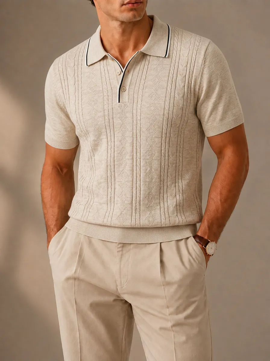 Men's Cable-Knit Polo Shirt with Three-Button Placket