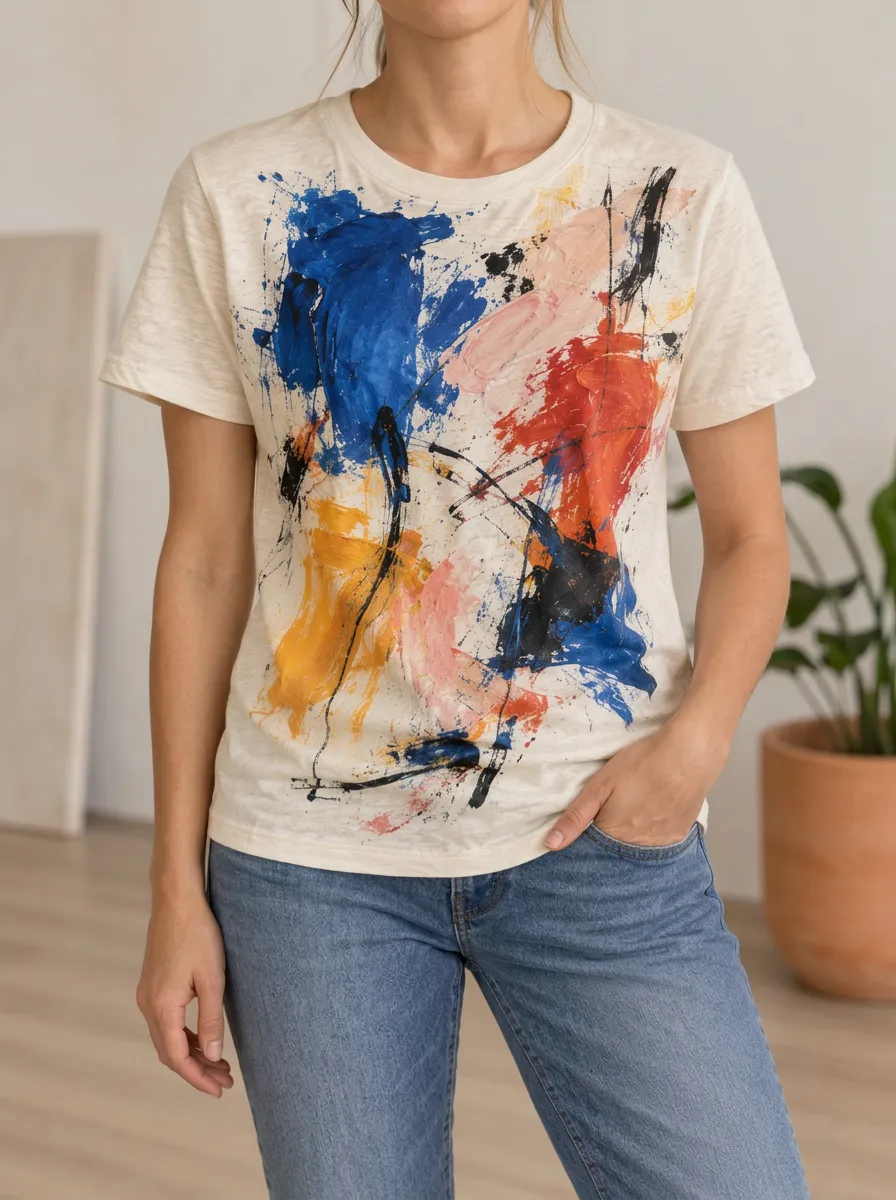 Women's Dynamic Abstract Art Lover Colorful Paint Stroke Crew Neck T-Shirt