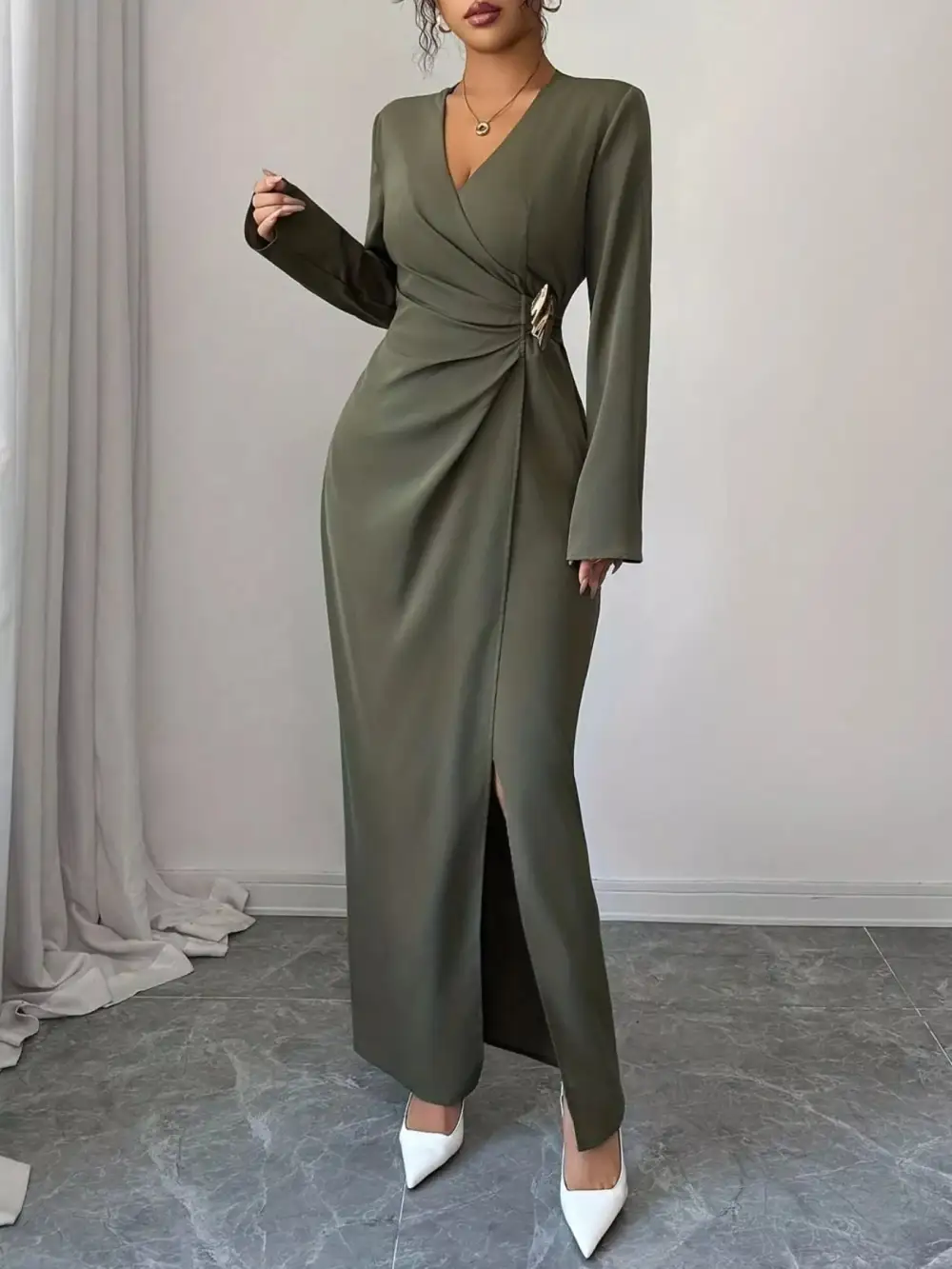 Polished Detail Slit Long Sleeve Maxi Dress