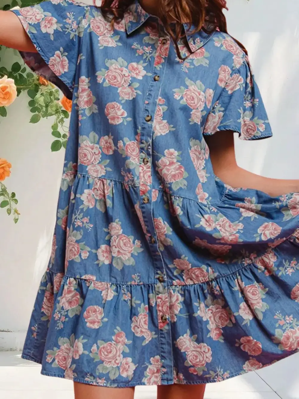 Floral Printed Denim Mini Dress