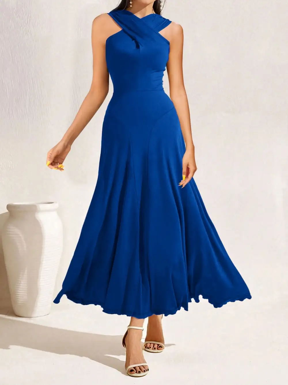 Crisscross Halter Neck A-Line Midi Dress
