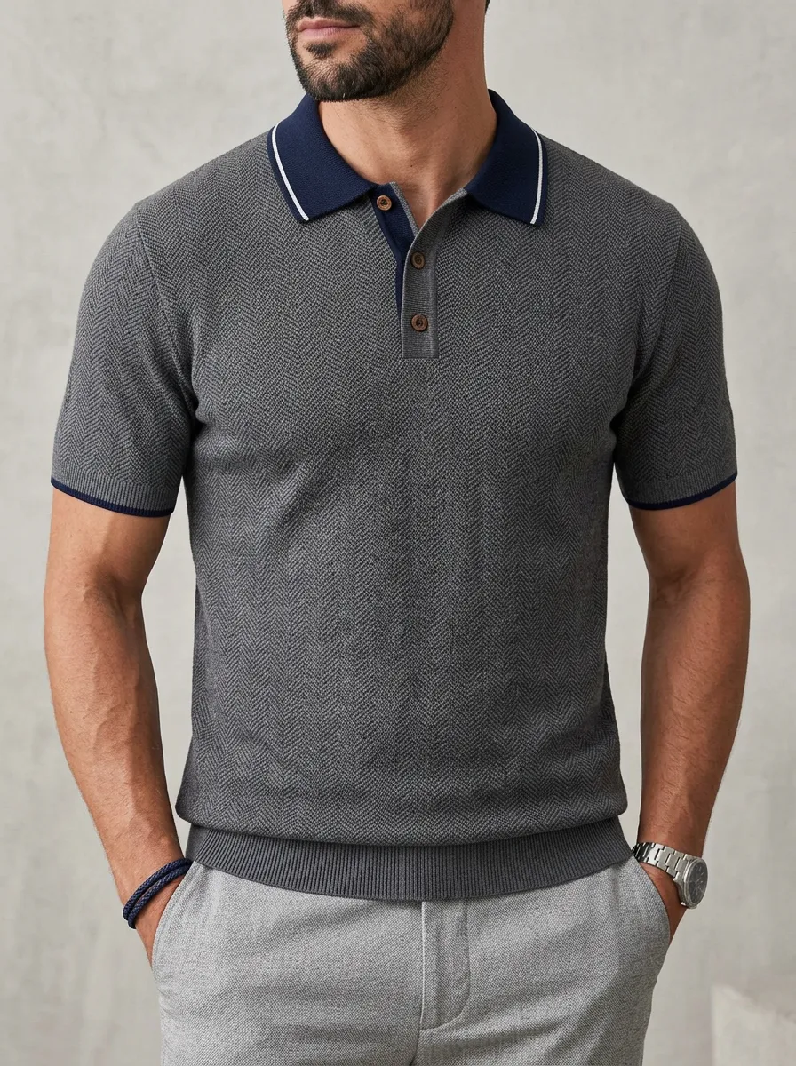 Men's Casual Business Herringbone Pattern Knitted Polo Shirt
