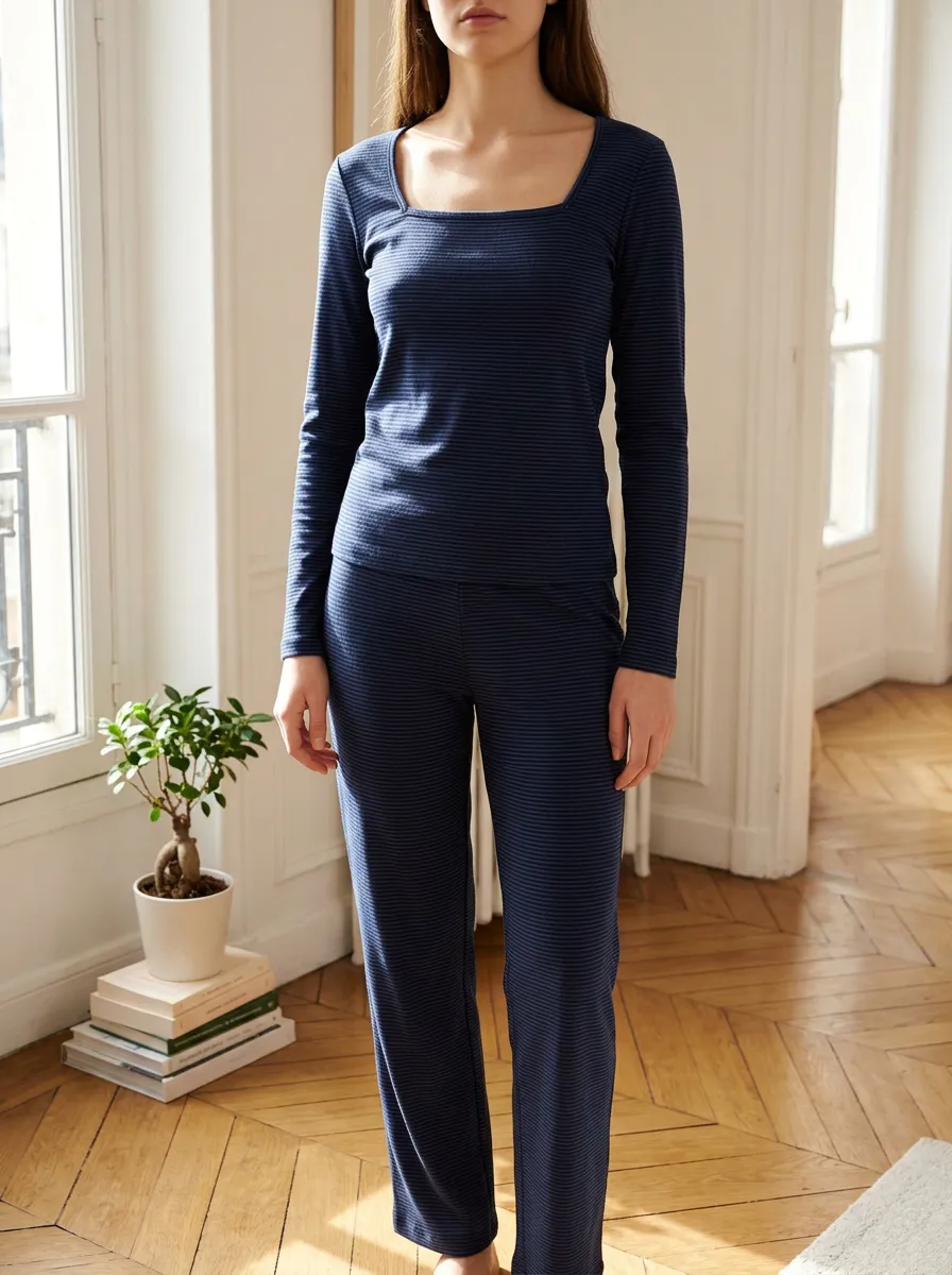 Women's Casual Navy Blue Striped Square Neck Long Sleeve Lounge Set