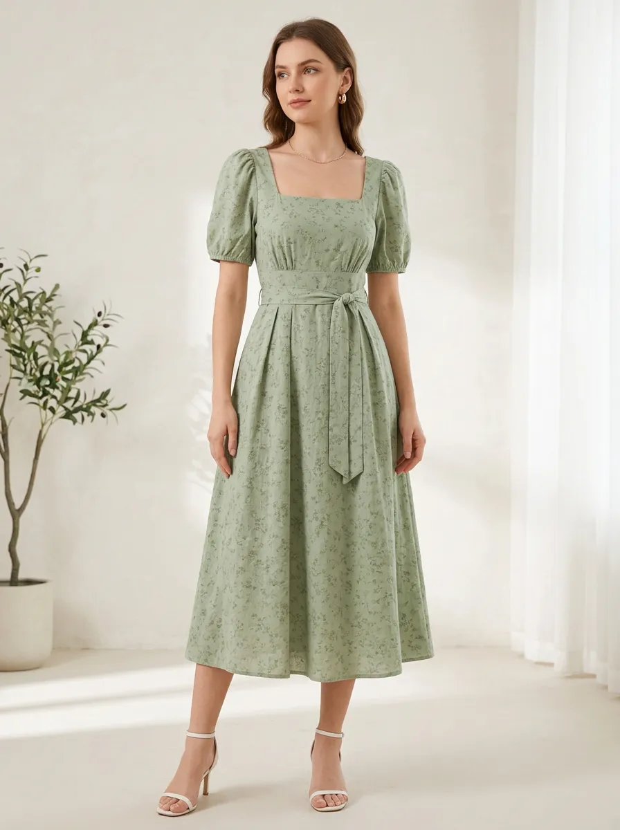 Women's Vintage Floral Sage Green Puff Sleeve Printed Dress
