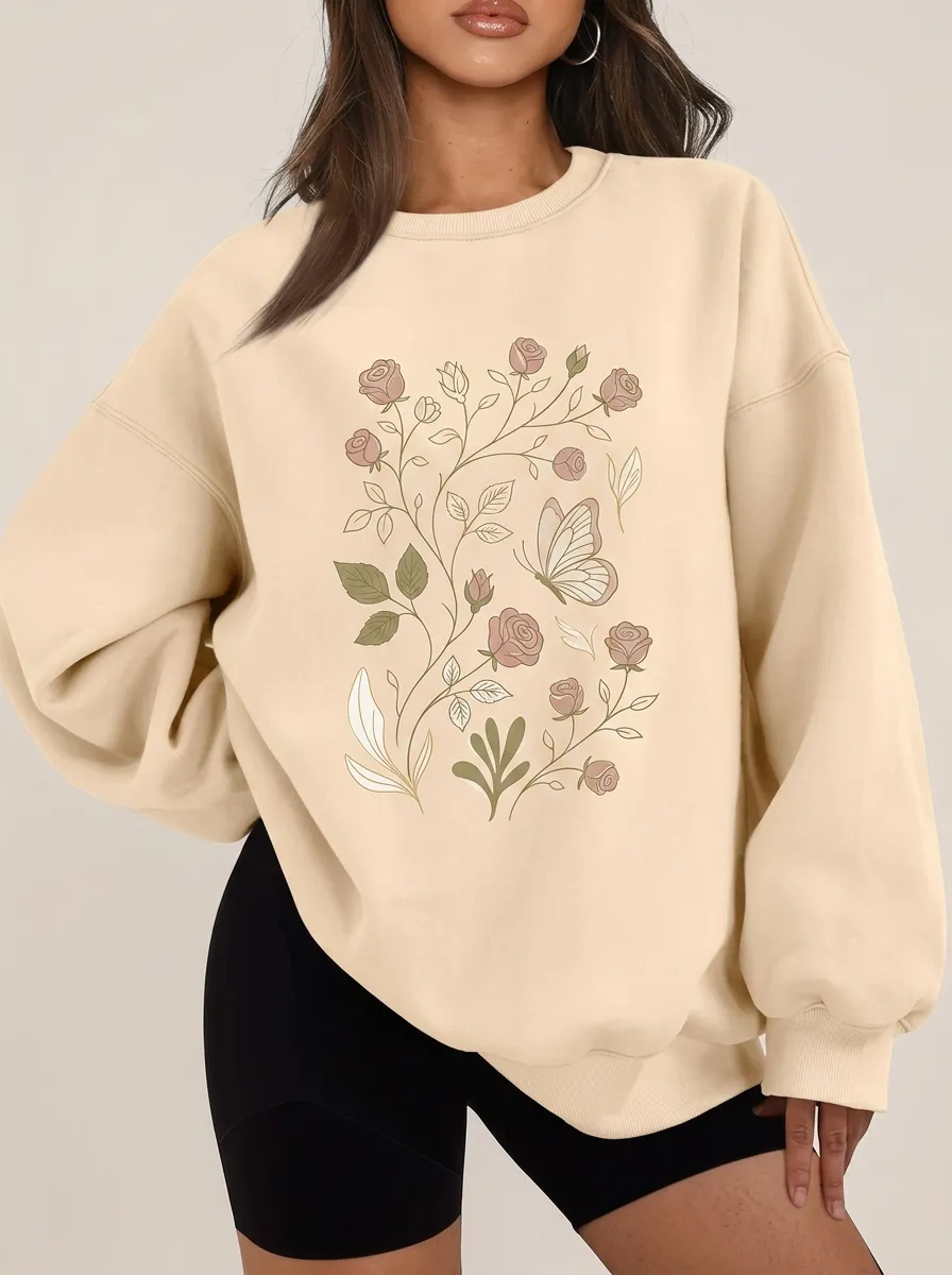 Women's Aesthetic Floral Butterfly Botanical Printed Sweatshirt