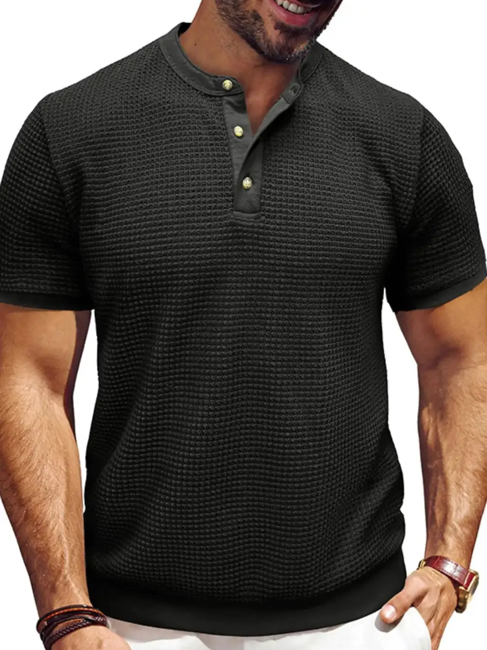 Textured Henley Short Sleeve Tee
