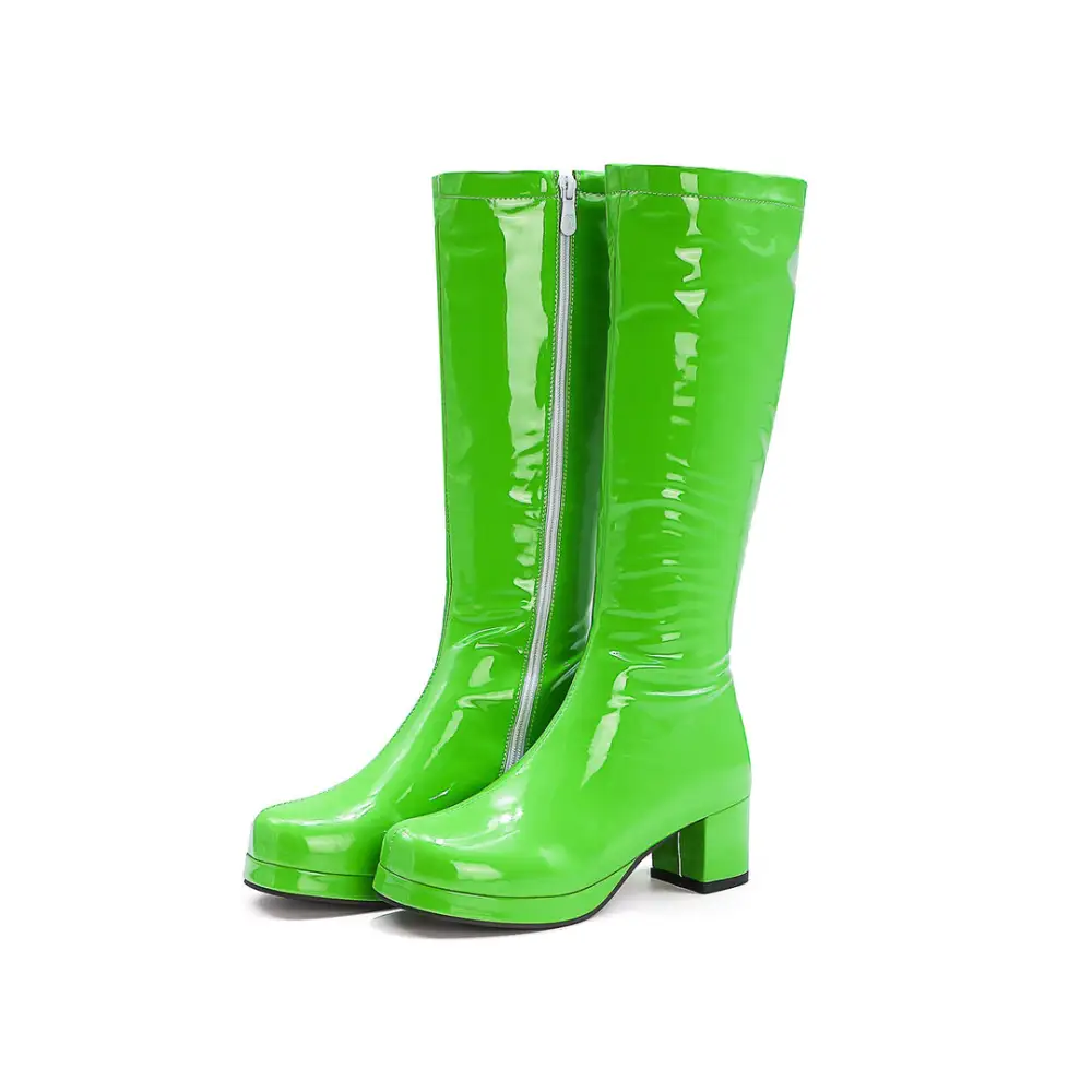PU Patent Leather Square Heel Mid-Calf Boots Candy Color Platform Boots
