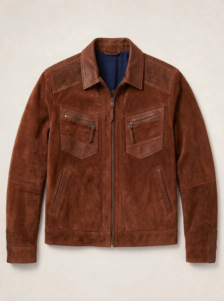 Men's Western Style Geometric Embossed Suede Leather Jacket