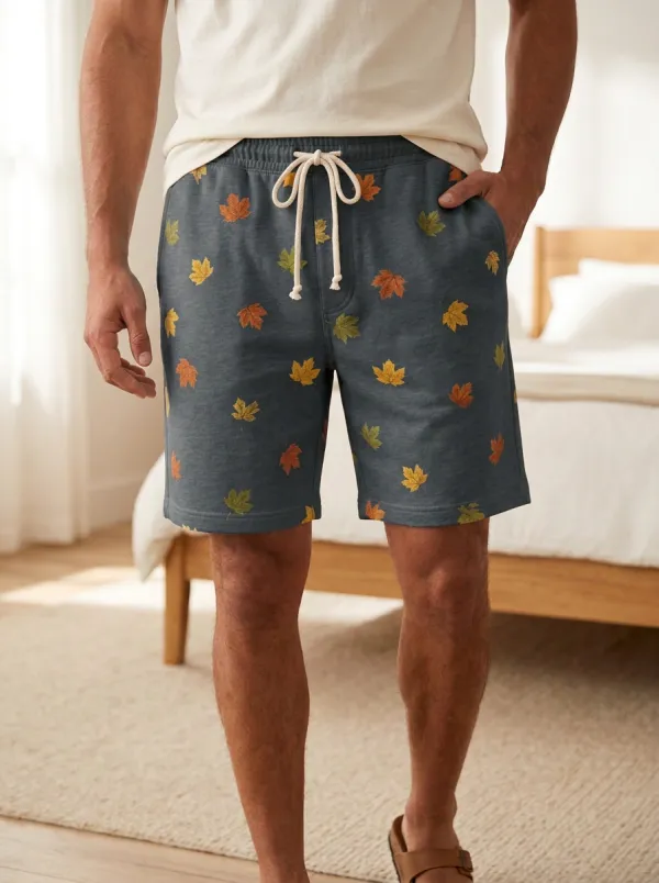 Oatmeal Leaf Print Drawstring Lounge Shorts