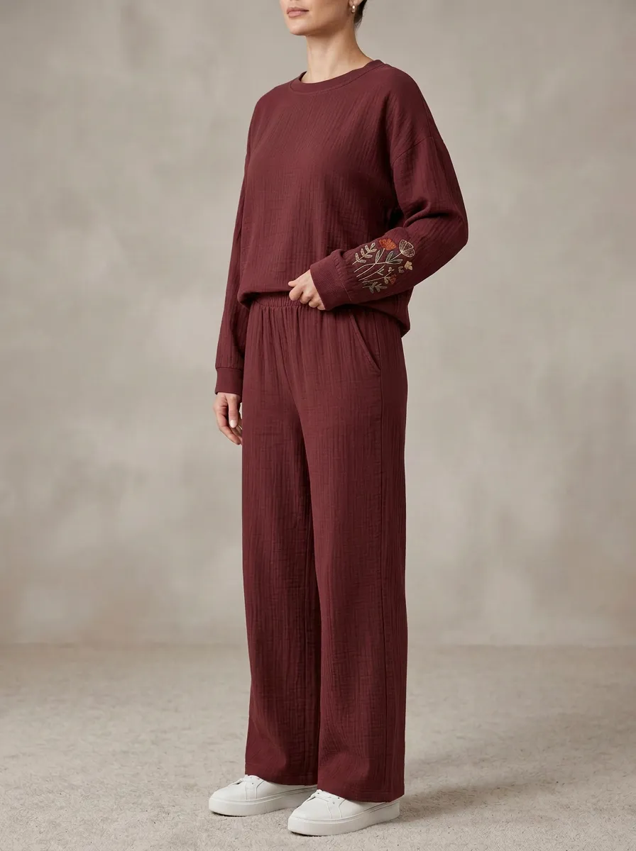 Women's Sleeve Floral Embroidered Crewneck Top And Wide-Leg Trouser Lounge Set