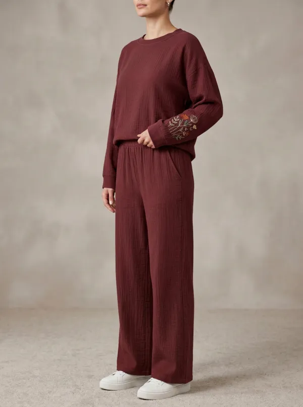 Women's Sleeve Floral Embroidered Crewneck Top And Wide-Leg Trouser Lounge Set