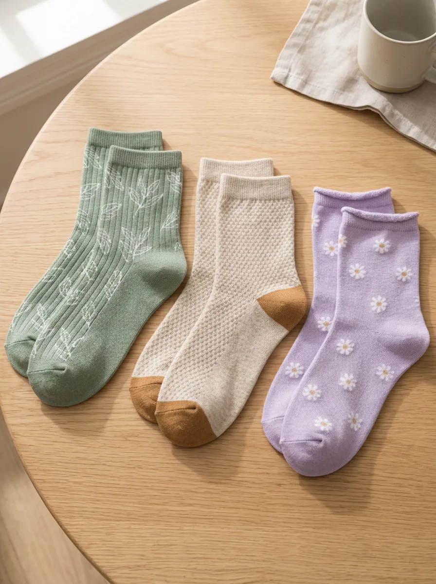 Women's Floral Leaf Pattern Printed 3-Pack Crew Socks