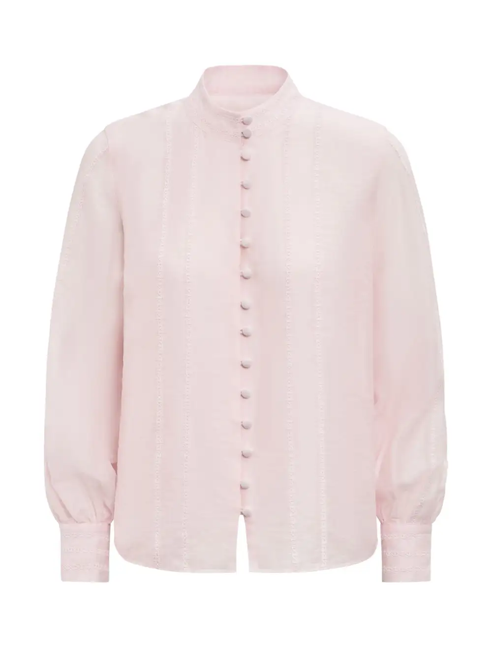 Light Pink Lace Trim Long Sleeve Button Blouse