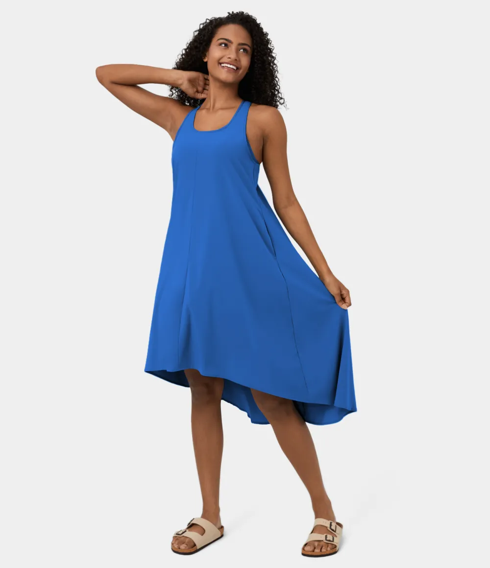 Breezeful Backless Racerback Side Pocket High Low Flowy Midi Quick Dry Casual Dress